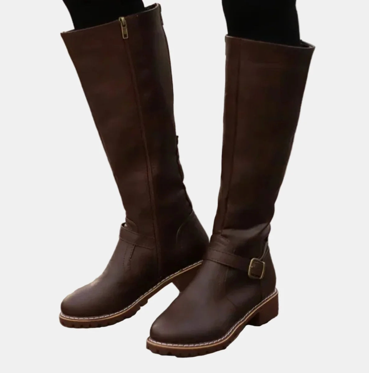 Dark Brown Women's Knee-High Riding Boots with Buckle Strap & Cushioned Comfort — Amelia - Worn Front View