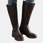 Brown Women's Knee-High Riding Boots with Buckle Strap & Cushioned Comfort