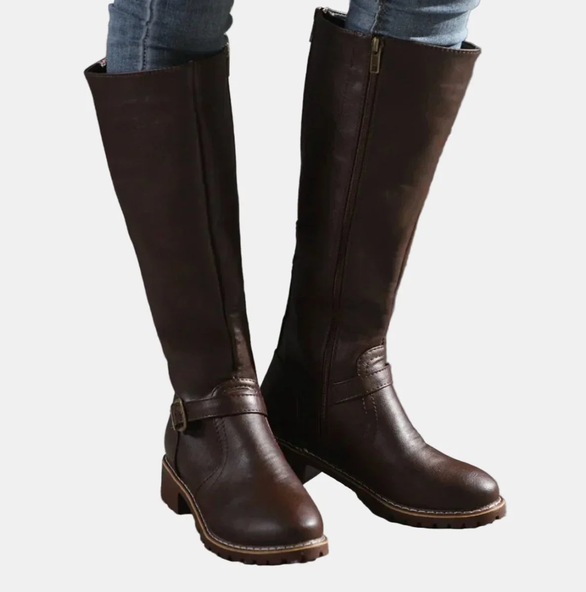 Brown Women's Knee-High Riding Boots with Buckle Strap & Cushioned Comfort