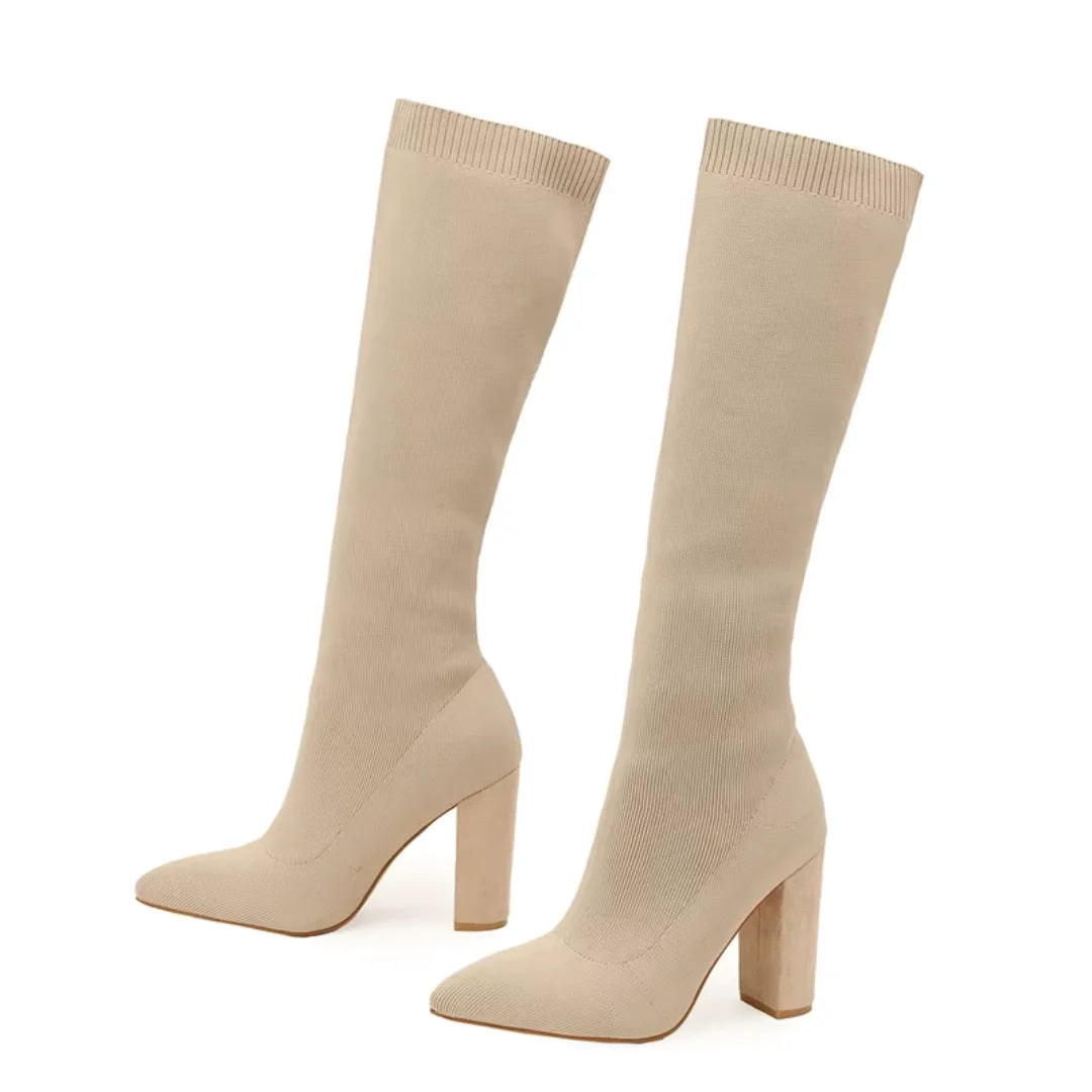 Apricot Women's Knee High Boots with Stretch Knit Sock Fit & Block Heel - Studio Pair Front