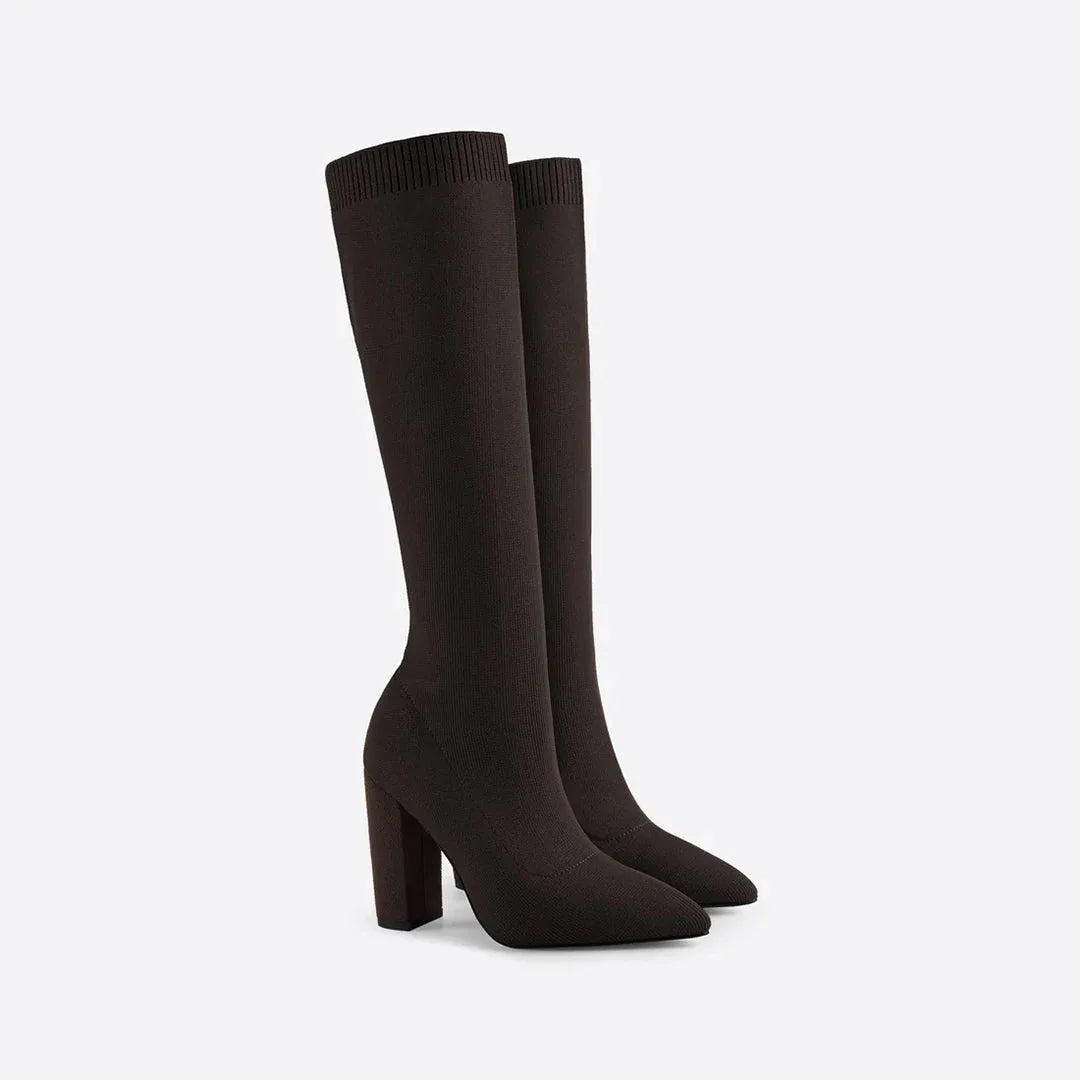 Black Women's Knee High Boots with Stretch Knit Sock Fit & Block Heel - Studio Pair Angle