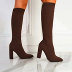 Brown Women's Knee High Boots with Stretch Knit Sock Fit & Block Heel - Worn Side Pose