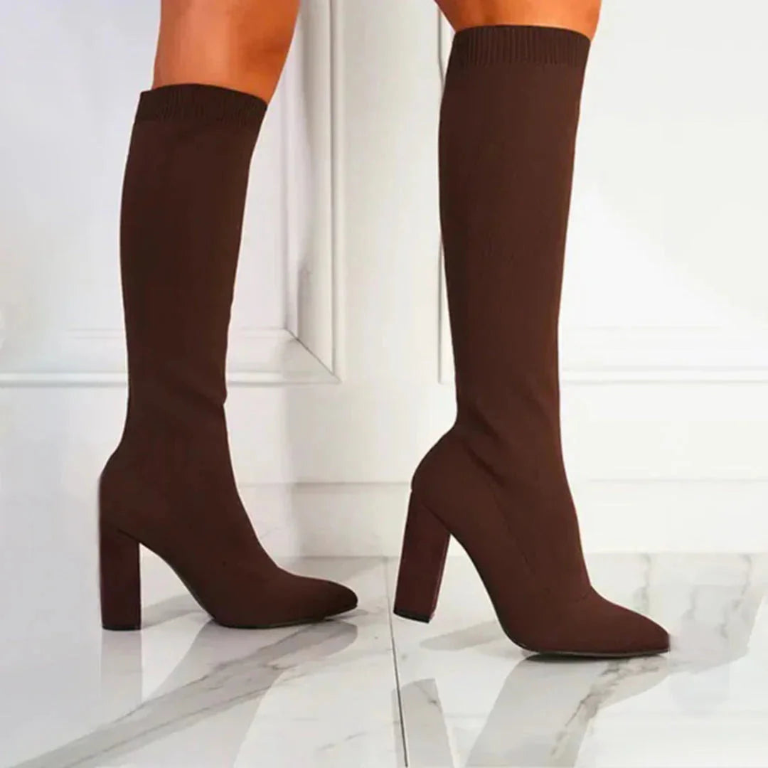 Brown Women's Knee High Boots with Stretch Knit Sock Fit & Block Heel - Worn Side Pose