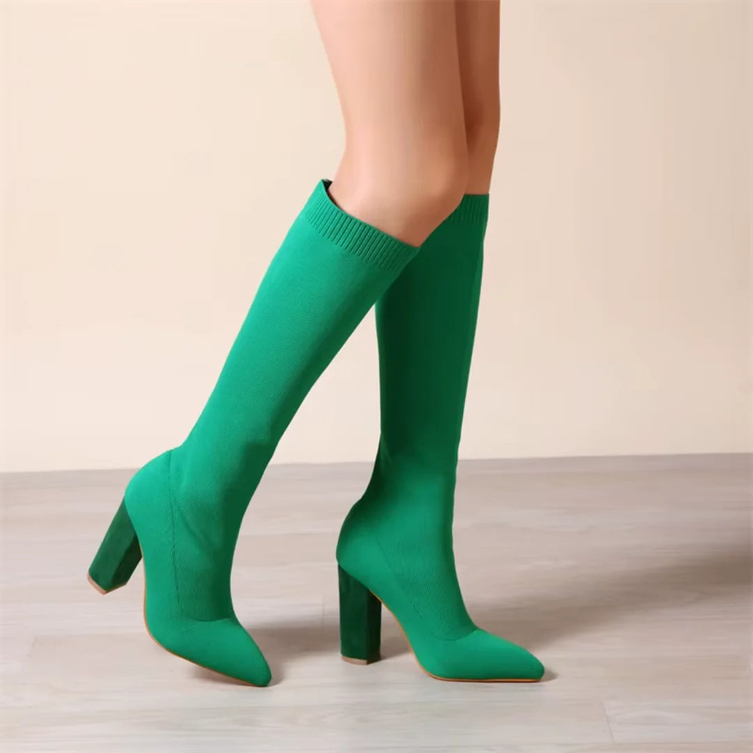 Women's Knee High Boots with Stretch Knit Sock Fit & Block Heel - Model Walking