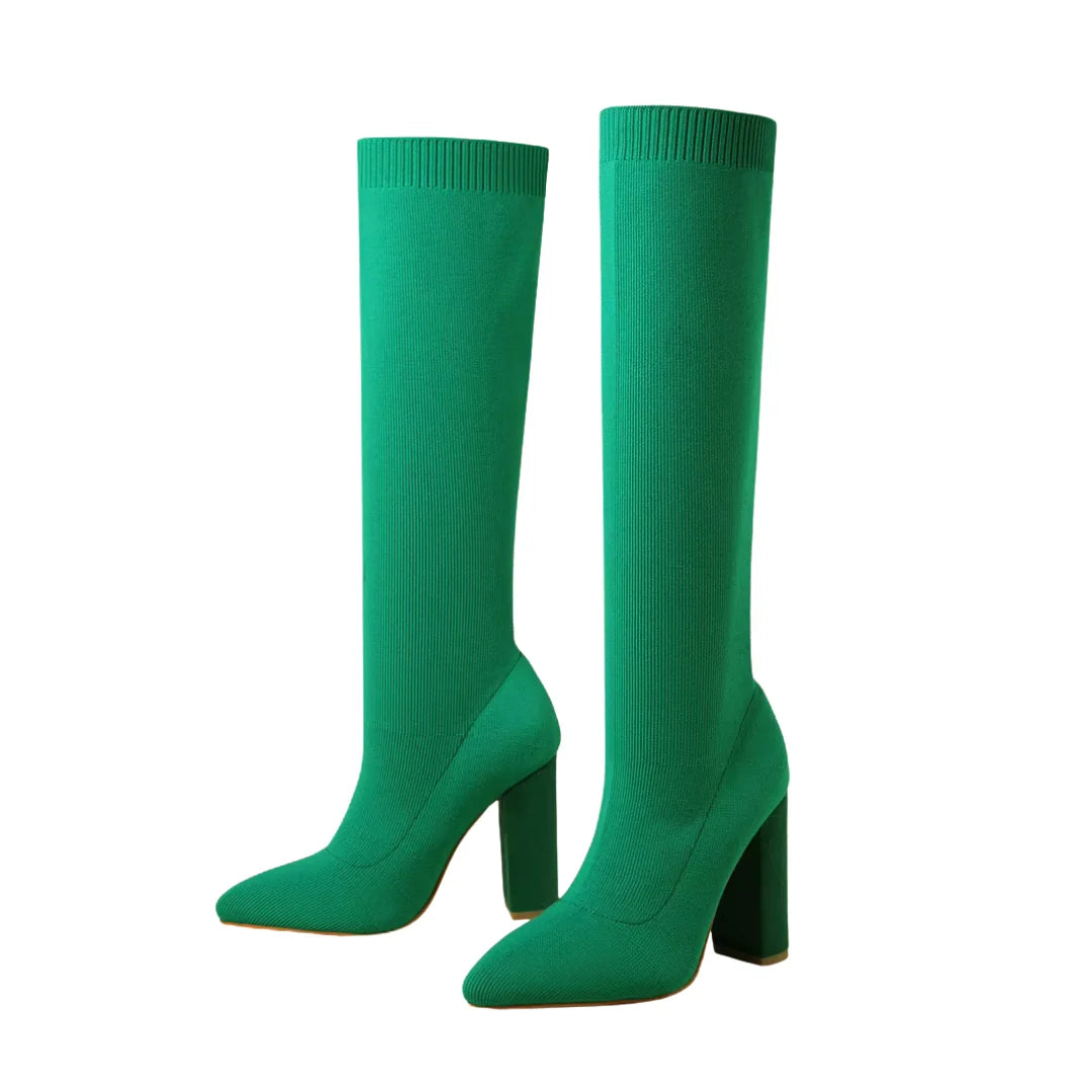 Women's Knee High Boots with Stretch Knit Sock Fit & Block Heel - Studio Pair Side