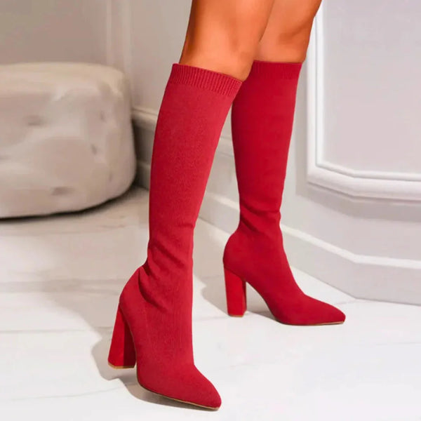 Women's Knee High Boots with Stretch Knit Sock Fit & Block Heel — Maya