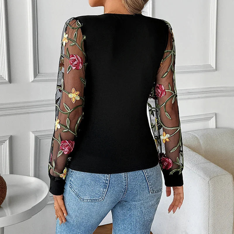 Black Women's Lace Blouse with Floral Embroidered Mesh Sleeves & Plunging V-Neck — Ophelia - Back Detail