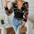 Black Women's Lace Blouse with Floral Embroidered Mesh Sleeves & Plunging V-Neck - Front Bag Pose