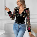 Women's Lace Blouse with Floral Embroidered Mesh Sleeves & Plunging V-Neck — Ophelia