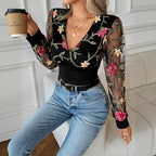 Black Women's Lace Blouse with Floral Embroidered Mesh Sleeves & Plunging V-Neck - Lifestyle Coffee