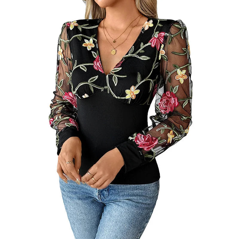 Black Women's Lace Blouse with Floral Embroidered Mesh Sleeves & Plunging V-Neck — Ophelia - Studio Closeup