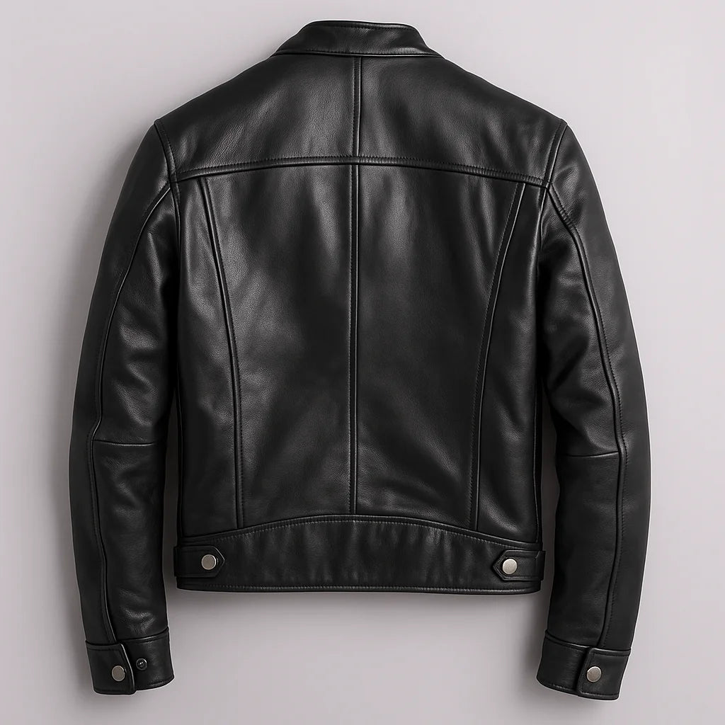 Men's Slim-Fit Leather Biker Jacket with Zip Pockets - Back Flat Lay