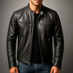 Men's Slim-Fit Leather Biker Jacket with Zip Pockets - Worn Front View