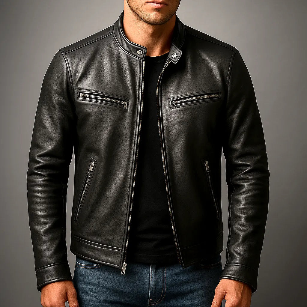Men's Slim-Fit Leather Biker Jacket with Zip Pockets - Worn Front View