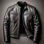 Black Men's Slim-Fit Leather Biker Jacket with Zip Pockets
