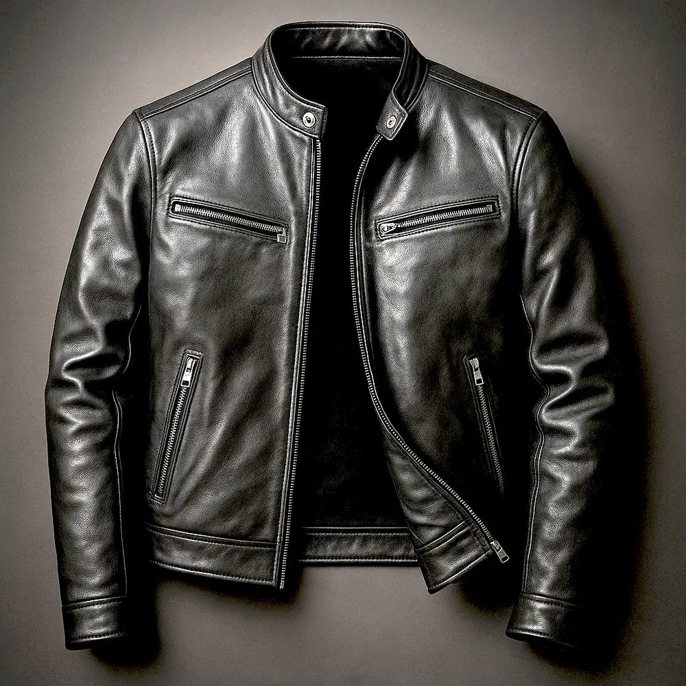 Black Men's Slim-Fit Leather Biker Jacket with Zip Pockets