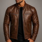 Men's Slim-Fit Leather Biker Jacket with Zip Pockets - Worn Front Close