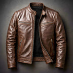 Brown Men's Slim-Fit Leather Biker Jacket with Zip Pockets
