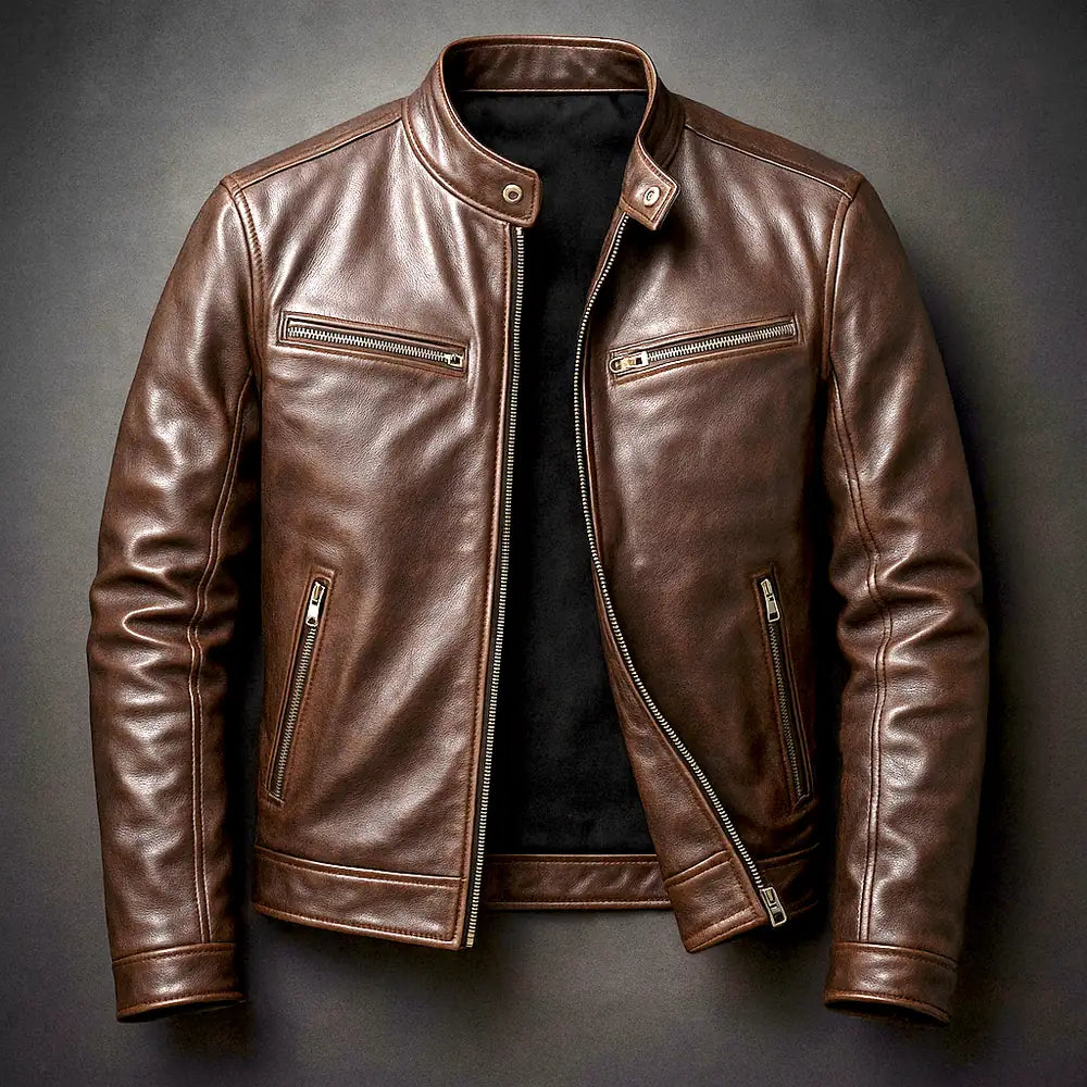 Brown Men's Slim-Fit Leather Biker Jacket with Zip Pockets
