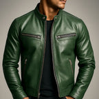Men's Slim-Fit Leather Biker Jacket with Zip Pockets - Worn Close Up