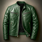 Green Men's Slim-Fit Leather Biker Jacket with Zip Pockets