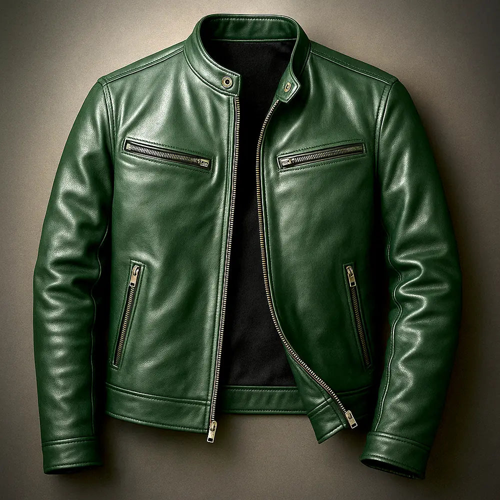 Green Men's Slim-Fit Leather Biker Jacket with Zip Pockets
