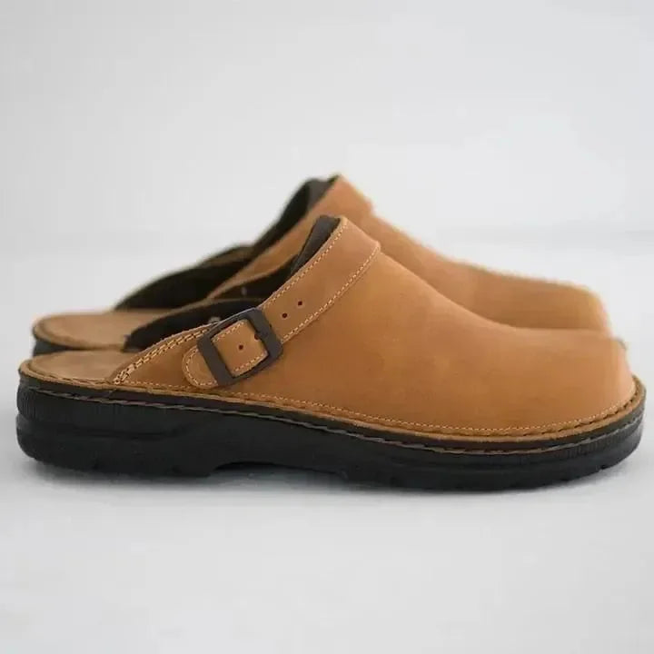 Beige Men's Leather Mules with Buckle Strap & Round Toe - Side View Tan