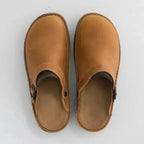 Men's Leather Mules with Buckle Strap & Round Toe - Top Flat Lay Tan