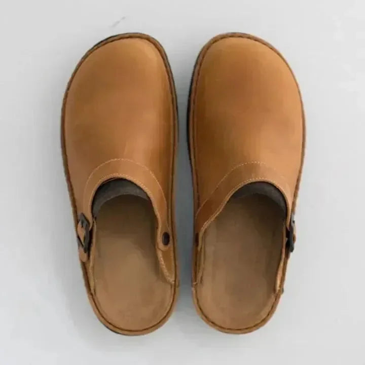 Men's Leather Mules with Buckle Strap & Round Toe - Top Flat Lay Tan