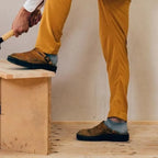 Men's Leather Mules with Buckle Strap & Round Toe - Worn Lifestyle Action
