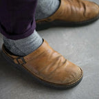 Men's Leather Mules with Buckle Strap & Round Toe - Worn Lifestyle Close