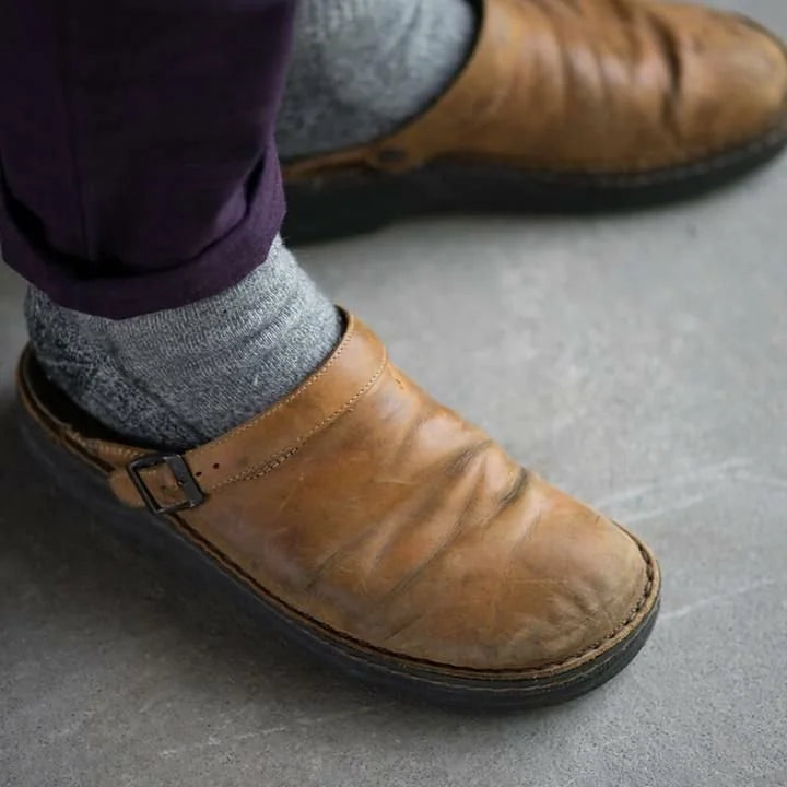 Men's Leather Mules with Buckle Strap & Round Toe - Worn Lifestyle Close