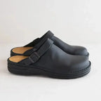 Black Men's Leather Mules with Buckle Strap & Round Toe - Side View