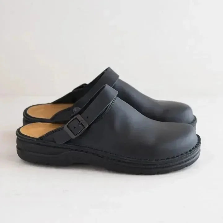 Black Men's Leather Mules with Buckle Strap & Round Toe - Side View