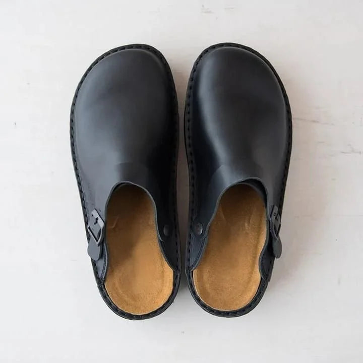 Men's Leather Mules with Buckle Strap & Round Toe - Top Flat Lay
