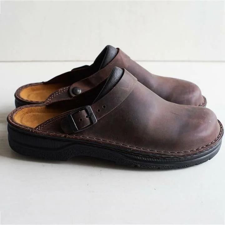 Dark Brown Men's Leather Mules with Buckle Strap & Round Toe - Front Full