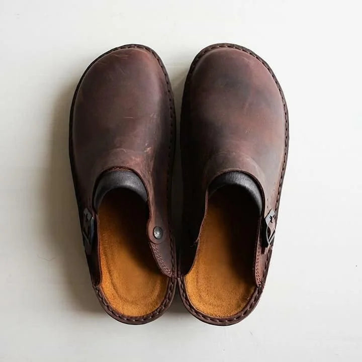 Men's Leather Mules with Buckle Strap & Round Toe - Top Flat Lay
