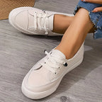 Beige Women's Leather Sneakers with Lace-Up Front & Platform Sole — Margot