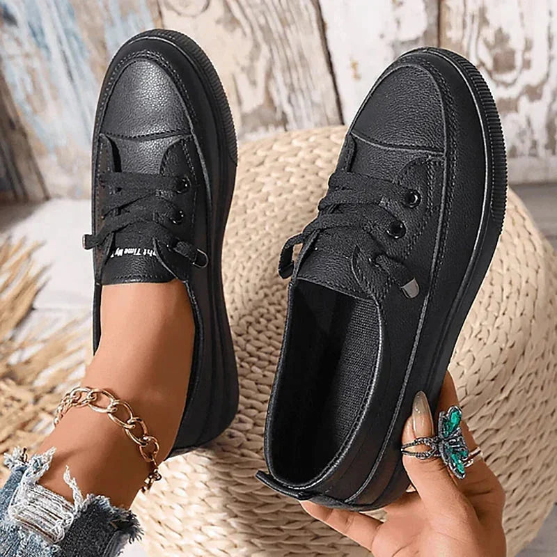 Black Women's Leather Sneakers with Lace-Up Front & Platform Sole — Margot
