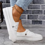 White Women's Leather Sneakers with Lace-Up Front & Platform Sole — Margot - Side Worn Closeup