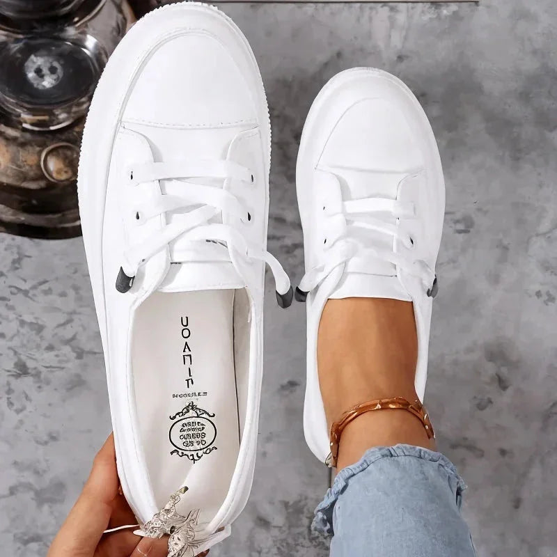 White Women's Leather Sneakers with Lace-Up Front & Platform Sole — Margot