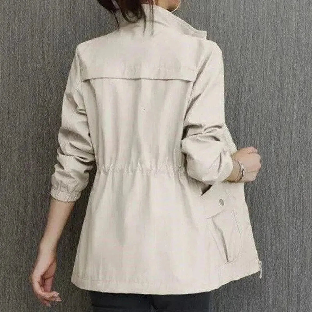 Beige Women's Zip-Up Bomber Jacket with Drawstring Waist for Everyday Layering — Roisin