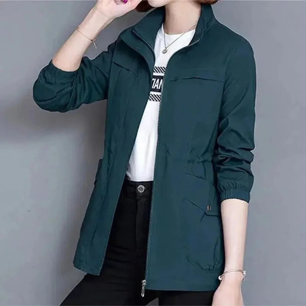 Blue Women's Zip-Up Bomber Jacket with Drawstring Waist for Everyday Layering — Roisin