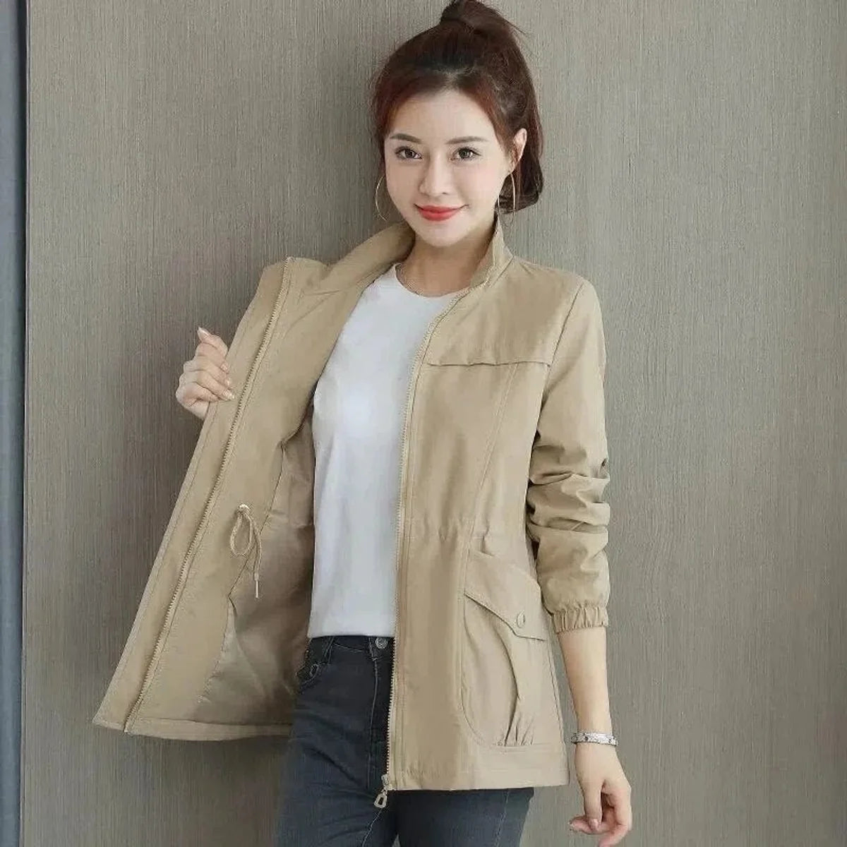 Khaki Women's Zip-Up Bomber Jacket with Drawstring Waist for Everyday Layering — Roisin