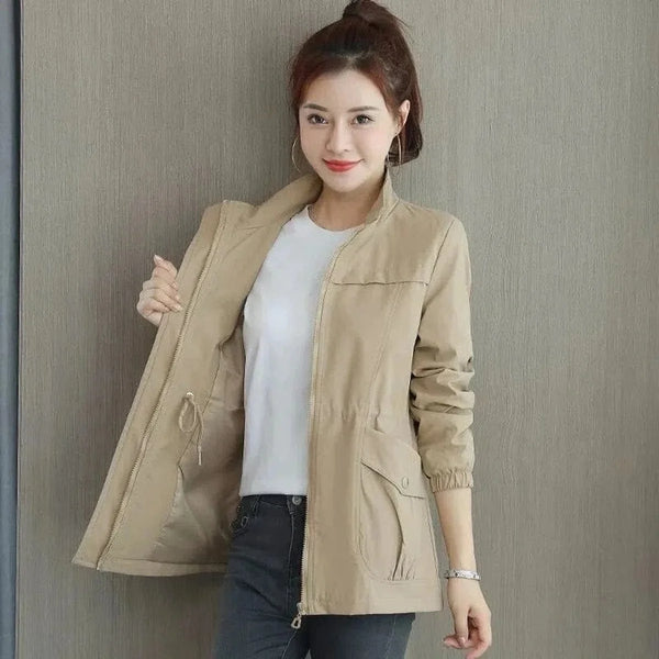 Khaki Women's Zip-Up Bomber Jacket with Drawstring Waist for Everyday Layering — Roisin