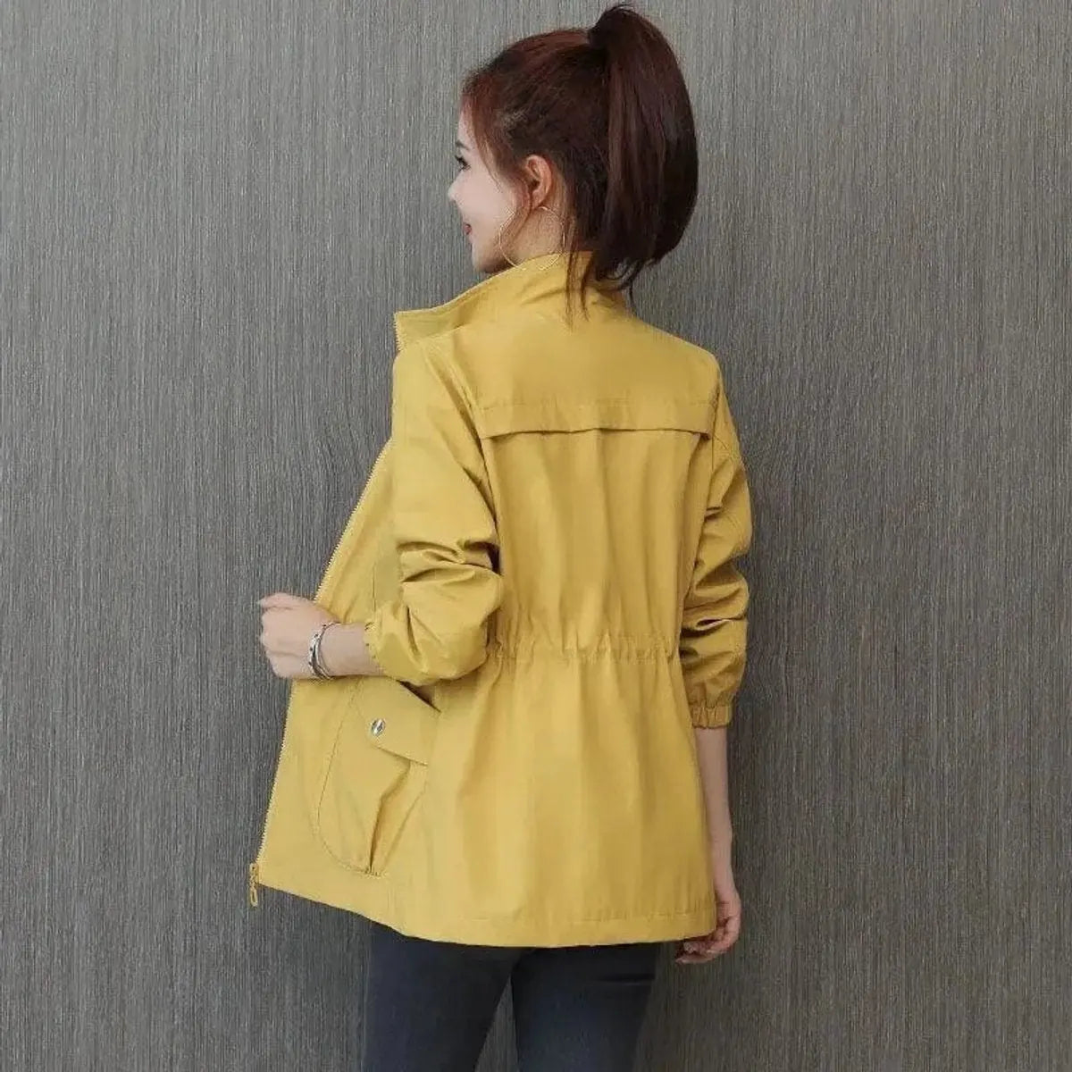 Yellow Women's Zip-Up Bomber Jacket with Drawstring Waist for Everyday Layering — Roisin