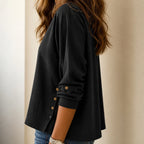 Black Women's Relaxed Linen Blend Top with Side-Button Hem & Roll-Tab Sleeves