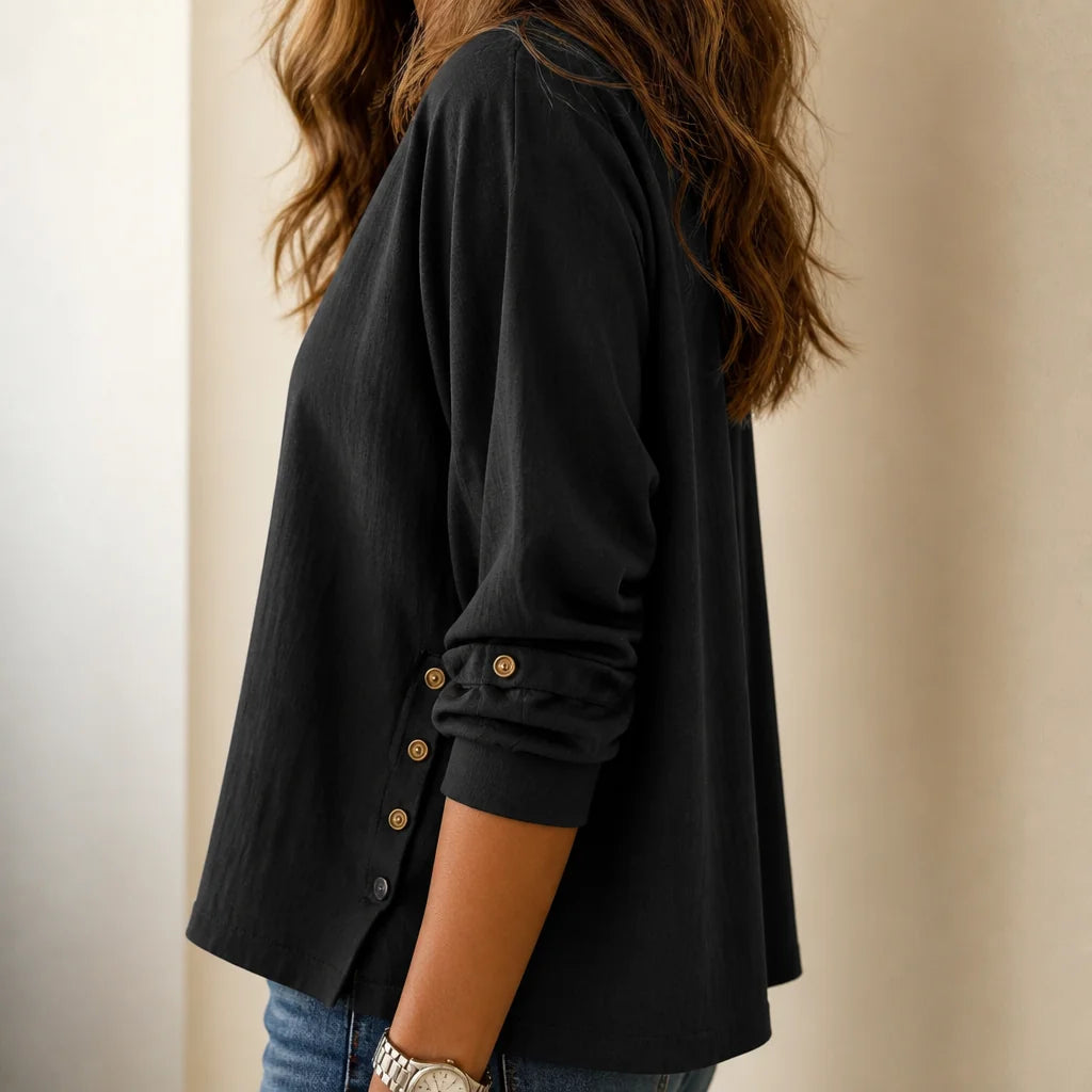Black Women's Relaxed Linen Blend Top with Side-Button Hem & Roll-Tab Sleeves