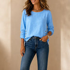 Blue Women's Relaxed Linen Blend Top with Side-Button Hem & Roll-Tab Sleeves