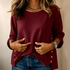 Burgundy Women's Relaxed Linen Blend Top with Side-Button Hem & Roll-Tab Sleeves